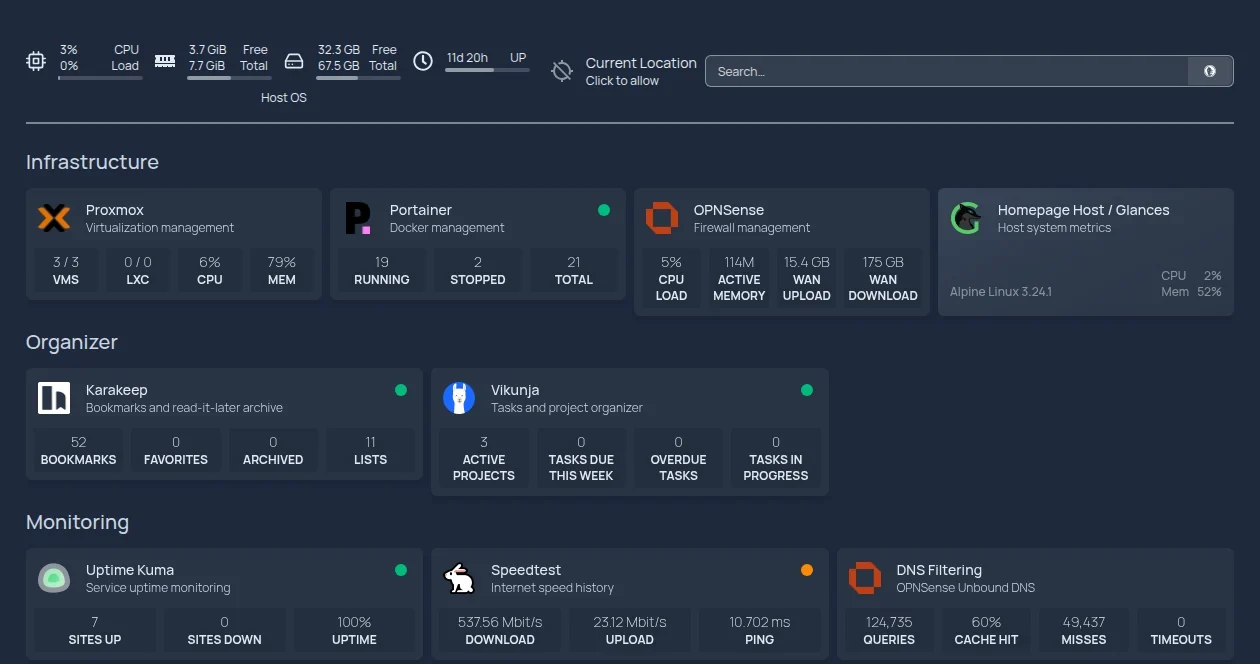 The homelab dashboard: groups of cards with live numbers for the hypervisor, containers, firewall, bookmarks, tasks, uptime, and DNS filtering.